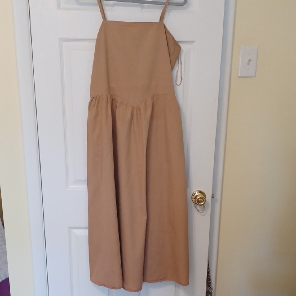 Japna Sz XL, Dark Tan, 100% Cotton, Midi Halter Dress With Elastized Back Panel.